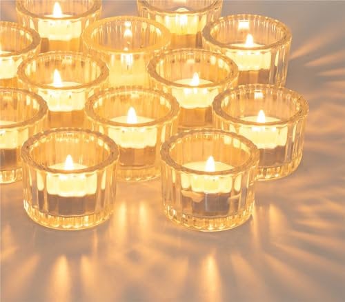 NUPTIO Porte-lampions Transparents: 12 Bougies À Réchaud en Verre Bougies Votives Striées pour Table de Mariage Décoration de Salle À Manger Décoration de Maison de Noël