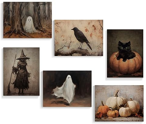Xianyojafa Vintage Halloween Leinwand Wandkunst, Retro Schwarze Katze Kürbis Poster 6 Stück 20,3 x 25,4 cm, Viktorianischer Rabe Ashland Hexe Bild Druck, gruseliger gruseliger Geist, Dark Academia