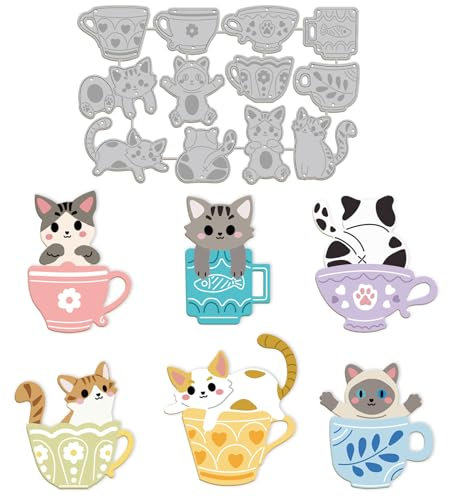 GLOBLELAND 1set 10Pcs Teacup kitten Cat Metal Die Cuts Teacup kitten Cat Cut Dies Metal Stencils Metal Cutting Dies For Card Making Embossing Tool Stencil Scrapbooking Diy Craft Album Paper Card Decor