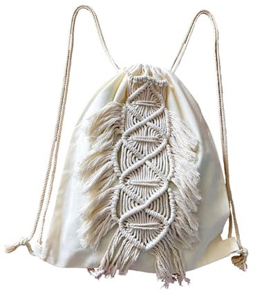 kiido Rucksack mit Kordelzug, Bohemian-Stil, mit Quaste und Makramee-Fransen, Segeltuch, Strandsport, Tagesrucksack, Beige, 13x17 Inch, Tagesrucksäcke