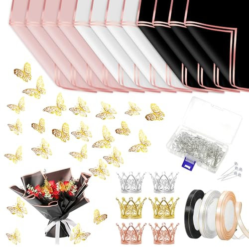OPUHOHR 205 Stück Geschenkpapier für Blumen Set, 58 * 58 CM Elegante Blumen Papier Verpackung, Geschenkpapier mit Band Schmetterlingsdekoration Kronen Blumenstrauß Pin Kleber für DIY Handwerk