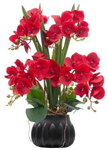 CXGS Artificial Orchid Flower Plant 19.7'' Real Touch Faux Orchids in Ceramic Vase Red Fake Phalaenopsis Flower Arrangement Silk Orchids with Stems for Centerpiece Table Home Indoor Decor