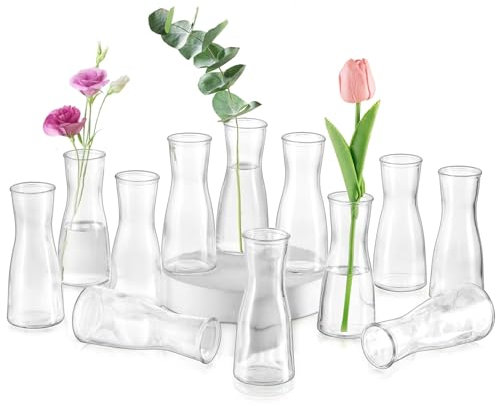 Glasseam Kleine Glasvasen für Tischdeko, Klar Flower Vase Klein 12 Stück Blumenvasen Modern, Minimalistische Blumenvase Glas Vasen Set für Hochzeit Party Esstisch Tafelaufsatz Tischvase Deko