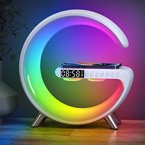 Sannofair Wireless Charger Atmosphere Lamp, Alarm Clock Wake Up Light with Bluetooth Speaker, G Shape Intelligent LED Table Lamp, Dimmable Night Light, Button Control