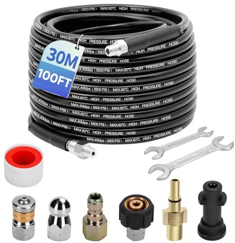 30M/100 FT Pressure Washer Hose - Compatible with Karcher Pressure Washer Gun, 400 Bar/5800PSI Drain Jetter for Pressure Washer Includes 2 adapters, 2 nozzles Kink Resistant
