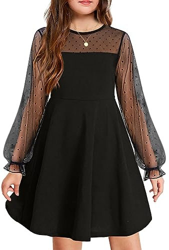 Arshiner Girls Dresses Puff Sleeves Party Dress Casual Long Sleeve Dress Round Neck Festive Dresses for Children Black 140 9-10 Years