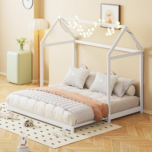 BTM Kinderbett 90/180x190, Jugendbett mit Lattenrost, ausziehbares Hausbett 90/180x190 für Jungen und Mädchen, Kiefernholz, Weiß