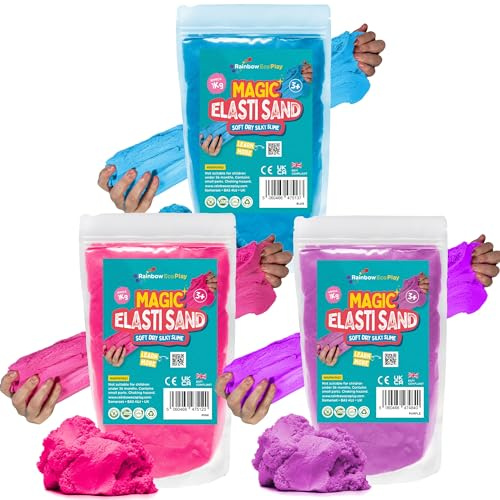 Rainbow Eco Play Magic Elasti Sensory Stretchy Natural Play Sand - 3 x 1kg | Soft, stretchy sensory sand that flows like slime without the mess. Made from natural minerals