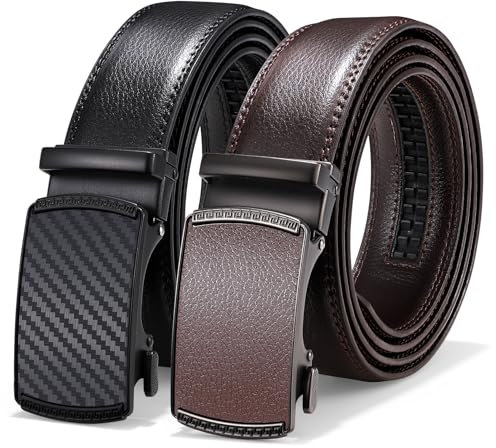 LEACOOLKEY 2 Stücke Herren Ledergürtel mit automatik, Ratschengürtel für Herren für Business Lässig 3.5cm mit Geschenkbox
