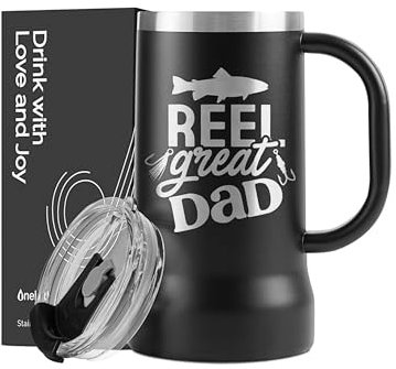 Onebttl Fishing Gifts for Men, Fishing Beer Stein Mug, 24oz Stainless Steel Beer Cup for Fishing Lover, Laser Logo, Reel Great Dad