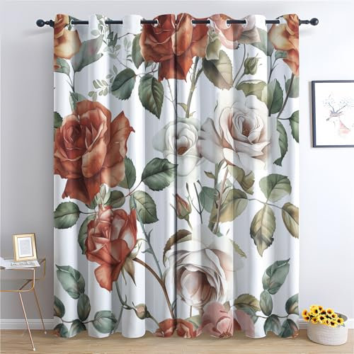Jkepztyl Romantic Vintage Rose Curtain with Eyelet for Bedroom, Spring Flowers Blackout Curtains for Living Room Kitchen 52 x 54 Inch, Thermal Insulated Window Drapes Decor Room Darkening 2 Panels