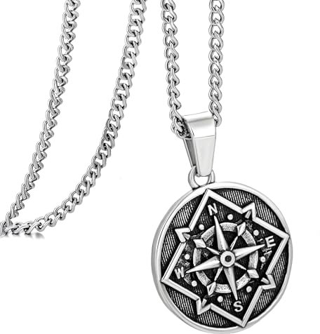 Murtoo Vintage-Silber Kreisförmig Kette für Herren - Halskette mit Kompass Anhänger, Edelstahl Silberkette, Geschenk 50cm