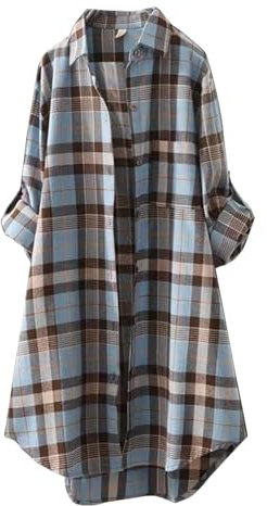 Chemisier à carreaux pour femme - Grande taille - Chemise à carreaux - Boutonnière - Manches longues - Col en V - Haut décontracté, bleu, 3XL