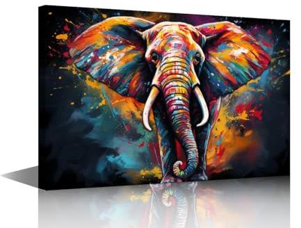 Leinwandbild, Ölgemälde, Kunstdruck auf Leinwand, für Zuhause, Büro, Hotel, Wanddekoration, buntes Gemälde eines Elefanten, gerahmt, Galerieverpackung, 91,4 cm B x 61 cm H