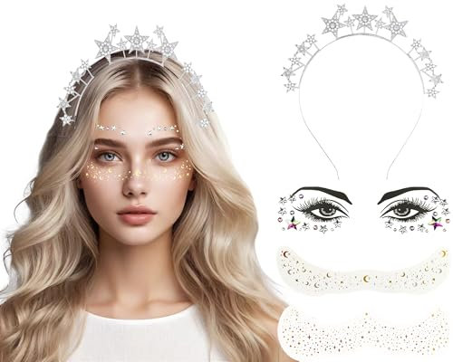 Haarreif Sterne mit Gesichtstattoo,Star Haarreifen Damen,Stars Stirnband Strasssteine Perlen Glitzer Stern Haarschmuck Silber für Girls Karneval Fasching Halloween Geburtstag