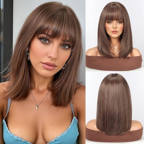 WOKESTAR Staright Perücke mit Fransen Synthetische Mittellange Geschichtete Perücken für Frauen Ligt Braun Farbe