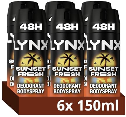 Lynx XL Sunset Fresh Deodorant for Men Multipack With Mango and Mandarin Scent Long Lasting Fragrance with 48 Hours All over Freshness Aluminium Free Body Spray 150ml, 6 Pack