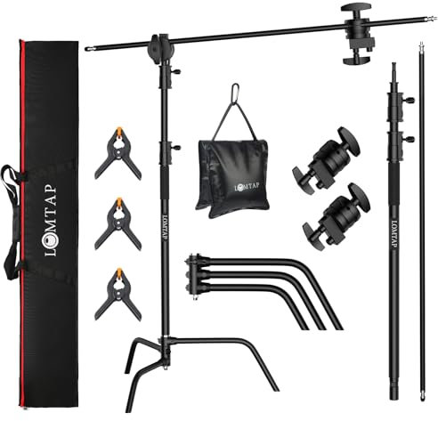 LOMTAP C Ständer Lichtständer Edelstahl Metall Fotografie Kit - Heavy Duty 6.8ft/210cm Vertikale Stange, 2.8ft/87cm Galgenarm, verstellbare Basis, Wassersandsack, 2 Griffköpfe, 3 Clips für Softbox,
