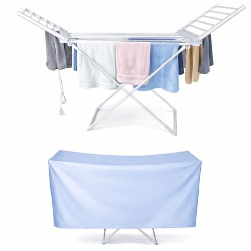 HOUSZY Electric Clothes Drying Rack with Cover & 12 Pegs – Heated Folding Laundry Drying Stand, 230W Air Dryer Shelf for Indoor Drying