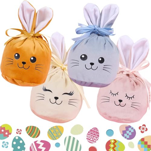 4er-Pack kleine Stoffbeutel, Osterhasen-Geschenktüten, Süßigkeitentüten mit Kordelzug, DIY-Organizer für Obst, Ostern und Basteln