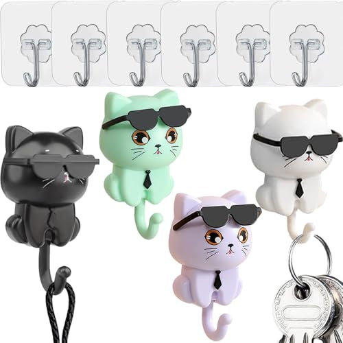 WISIRENT 10 Pièces Crochet à Clés Chat, Crochets Autocollants Sans Perçage Crochets Autocollants Sans Perçage, Crochets pour Chaton Avec Lunettes de Soleil Cat Key Holder pour Les Clés, Les Sacs