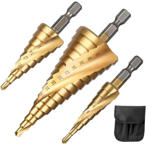 Lohill HSS Stufenbohrer, 3-tlg Stufenbohrer Set, Schälbohrersatz, Exact Spiralnut Kegelbohrer, 4 mm bis 12/20/32mm Titanbeschichtet Profi Metallbohrer Bohrer Satz für Metall, Holz, Kunststoff