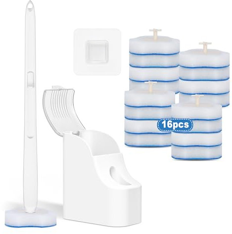 Enspoway Disposable Toilet Brushes & Holders: Toilet Cleaner Wand with Disposable Heads 16PCS & Storage Caddy - Wall Mounted Scrubber Sudsy Cleaning System for Bathroom Tiny Space