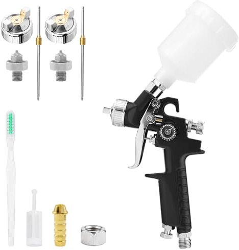 Pistola Spruzzo Vernice HVLP per Ritocco Auto Professionale, Aerografo a Gravità Mini con 2 Ugelli 0.8/1.0mm e Coppa 125ml per Rifinitura Carrozzeria, Primer, Vernice Base, Vernice Trasparente(NERA)