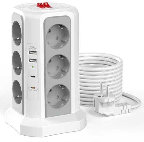 12 Fach Steckdosenleiste mit USB HAFINO Mehrfachsteckdose mit 2 Schalter Steckdosenleiste Überspannungsschutz 4000W/16A Verteilersteckdose mit 2M Kabel Steckdosenturm für Büro und Heim
