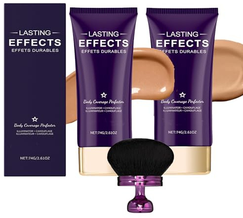 2 Stück Body Coverage Perfector, Neu All-Over Complexion Perfector mit Extra großer Körper Make-up-Pinsel, Body Körper Make Up Wasserfest,Tattoo, Bein und Körper Narbe Abdeckung (Natürlich+Braun)