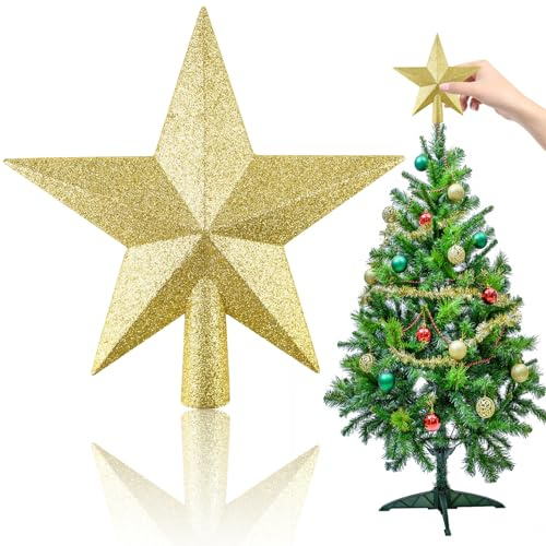 Glitter Gold Star Mini Christmas Tree Topper PLULON 11cm Small Christmas Tree Decoration Treetop Shatter-Proof Xmas Ornaments Home Bar Shop Office Holiday Party Gift Decorations