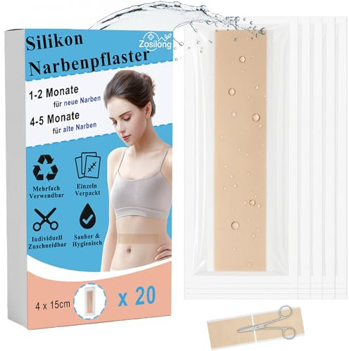 Zosilong 20 * 4cm x 15cm (4 x 300cm) Einzeln Verpackt Silikon Narbenpflaster, (Hygienisch & Wasserfest), Narbenpflaster Silikon für Neue & Alte Narben, Für Kaiserschnitt, Hautfreundlich, Atmungsaktiv