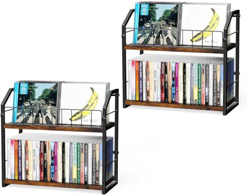 TJ.MOREE 2 Tier Vinyl Record Holder,56 Capacity CD Rack/Storage/Holder and Vinyl Record Storage, Industrial Retro Carbon Steel/Wood, Space Saving Desktop Organizer (Vintage Color)