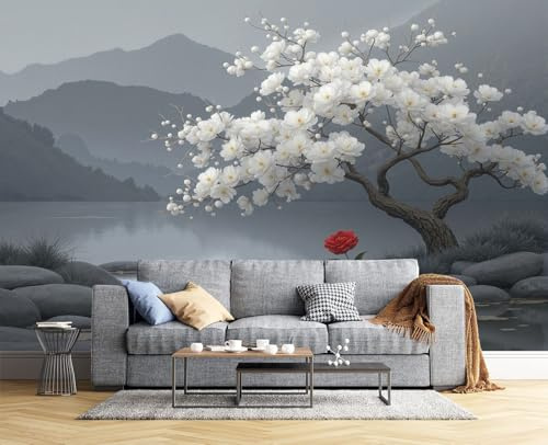 Fototapete Schlafzimmer China Tuschemalerei Pflaumenblüten Berge 3D Druck Vliestapete, 250x175cm (B×H) Wandtapete Wandbilder, für Wohnzimmer, Kinderzimmer, TV Hintergrund Hellgrau Tapete