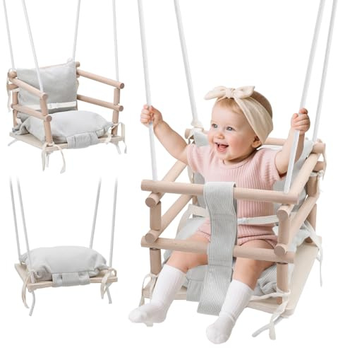 Jaxguom Altalena per Bambini Indoor & Altalena per Bambini Outdoor 3-in-1 in Legno, Regolabile in Altezza (160-260cm) con Cuscino Rimovibile, Per Giardino, Portata 50kg, Da 12 Mesi (Beige Chiaro)