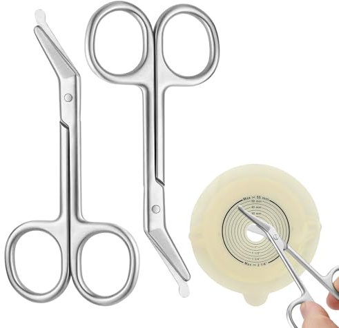2 Stück Stomabeutelschere Gebogen mit Abgerundeter Spitze, Silber | Medizinische Verbandsschere aus Edelstahl, Stoma Zubehör für Kolostomie & Ileostomie Beutel