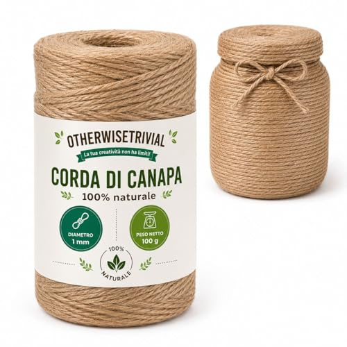 Corda di Canapa Naturale 100%, Spago Multiuso 1mm x 100g per Giardinaggio, Decorazioni, Macramè e Fai da Te, (BOBINA 1mm x 100g)