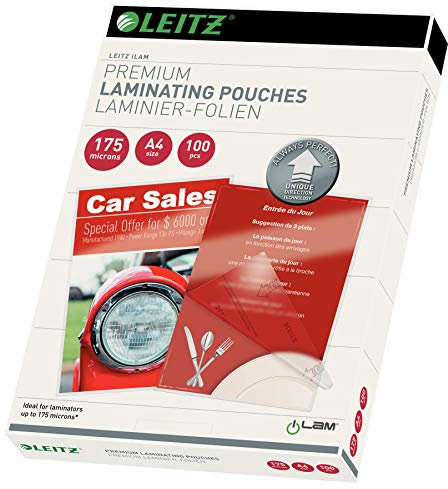 Leitz Heißlaminierfolien A4 175 mic, Laminierfolien in Premium-Qualität im 100er Pack, Glänzend, Transparent, Vereinfachtes Einlegen durch UDT, iLAM, 74830000