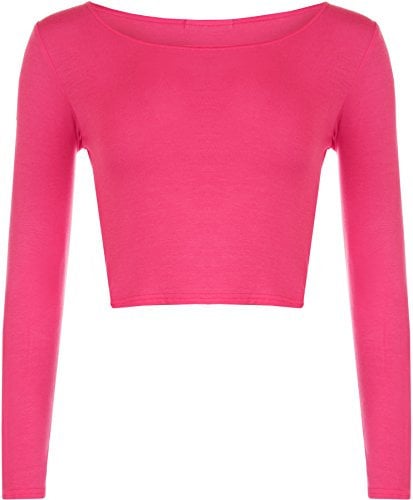 Womens Crop Long Sleeve T Shirt Ladies Short Plain Round Neck Top - Cerise - 12/14