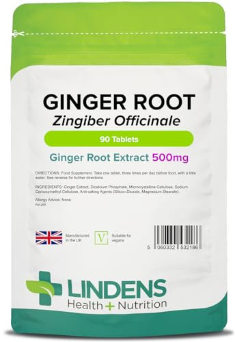 Lindens - Ginger Root 500mg - 90 Tablets - UK Made | Travel Sickness, Antioxidant, Joint Support | Letterbox Friendly, Vegan