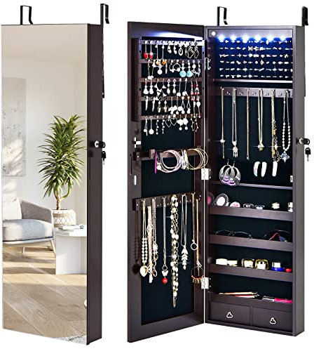 COSTWAY 6 LED Lights Jewelry Cabinet, Door Hanging/Wall Mounted Jewelry Armoire with Full Length Mirror, Lockable Cosmetics Makeup Jewellery Storage Organiser Unit for Bedroom Dressing Room (Brown)
