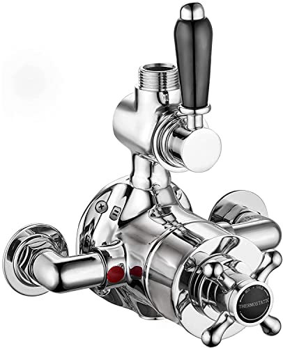 ENKI, Downton, T69, Single Shower Unit Outlet, Twin Thermostatic Shower Valve, Black & Chrome Shower Tap Attachment for Bathroom Shower, Classic Shower Valve Style