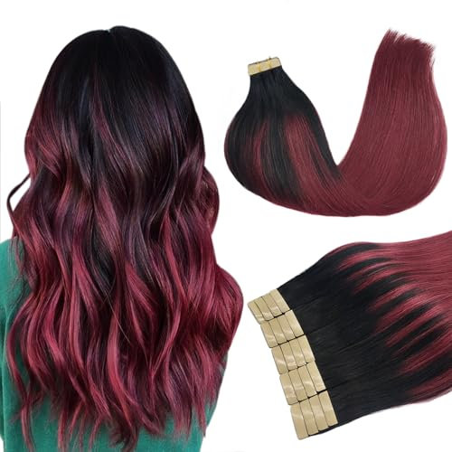 DOORES Remy Tape Extensions Echthaar, Tiefschwarz bis Rot 40cm (16zoll) 50g 20pcs, Hair Extensions Tape in Full Thick Ends Haarteil für unsichtbare Tape Extensions