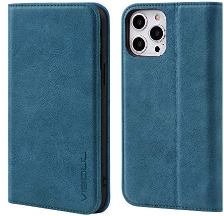 VISOUL iPhone 12 Pro Max Hülle, Handyhülle [100% Rindsleder] [RFID Schutz] [Schützt vor Stoß] [Standfunktion] [Kartenfach] [Magnet], TPU Handytasche Kompatibel für iPhone 12 Pro Max 6,7 Blau-A