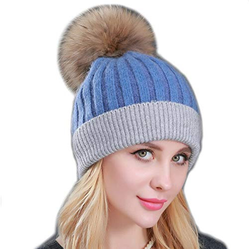 Brillabenny Mütze Pompon Echtfell, für Damen und Herren Jungen Weiche Wolle und Kaschmir Weiss HELLBLAU UND GRAU