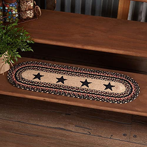 VHC Brands Colonial Star Stair Tread Rug, Jute Blend, Oval, Tan Black Red, 8.5 x 27 inches