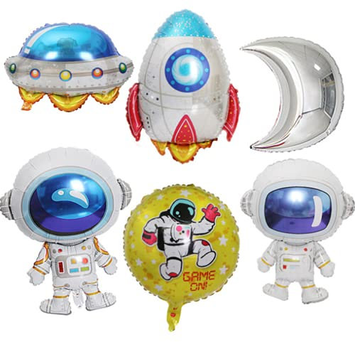 6 Stück Astronauten-Folienballons Mylar-Ballon Rakete Luftschiff Stern Mond Luftballons für Weltraum-Motto Party Dekoration