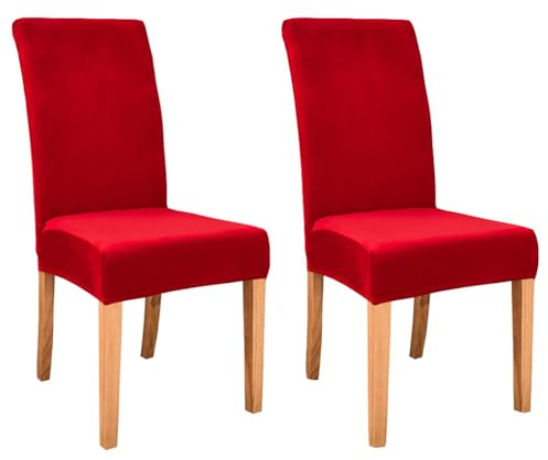 JHLD Samt Stuhlhussen, Stretch Stuhlbezug Stuhlhusse Elastische Weiche Beschützer Stuhlhussen Für Wohnzimmer Küche-rot-Satz von 2
