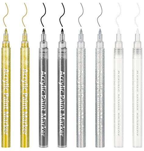 DONQL 8Pcs Acrylic Paint Pen 0.7mm Metallic Permanent Acrylic Markers Set Gold Silver White Black Glass Glitter Paint Pens for Fabric Glass Rock Wooden Ceramic Leather, Fine Tip Marker