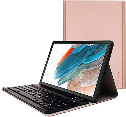 TECHGEAR Keyboard Case for Samsung Galaxy Tab A8 10.5 (SM-X200 / SM-X205) [Strike Folio] PU Leather Case with Detachable Bluetooth Wireless UK QWERTY Keyboard and Stand (Rose Gold)